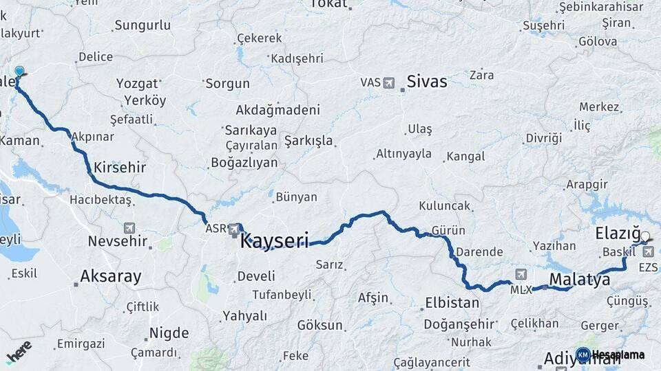 Kırıkkale Elazığ Arası Kaç Km - Yol Haritası