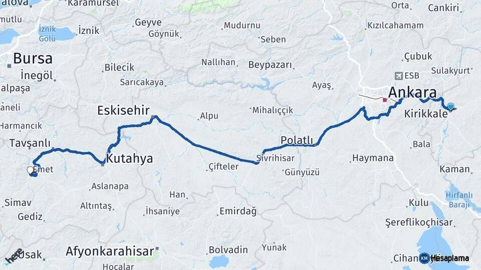 Kırıkkale Emet Kütahya Arası Kaç Km - Yol Haritası