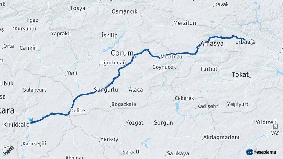 Kırıkkale Erbaa Tokat Arası Kaç Km - Yol Haritası