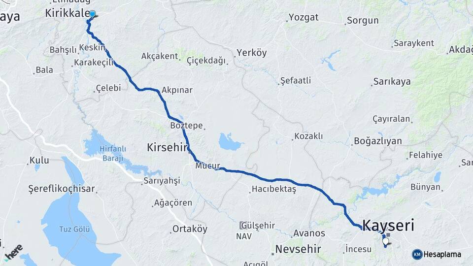 Kırıkkale Erciyes Hacılar Kayseri Arası Kaç Km - Yol Haritası