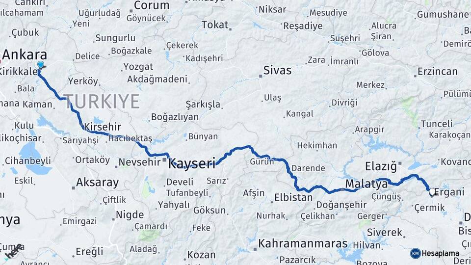 Kırıkkale Ergani Diyarbakır Arası Kaç Km - Yol Haritası