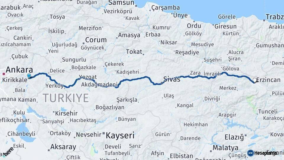 Kırıkkale Erzincan Arası Kaç Km - Yol Haritası
