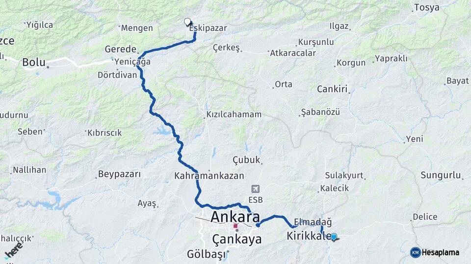 Kırıkkale Eskipazar Karabük Arası Kaç Km - Yol Haritası