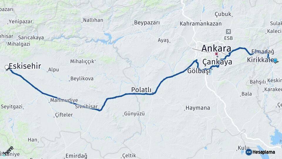 Kırıkkale Eskişehir Arası Kaç Km - Yol Haritası