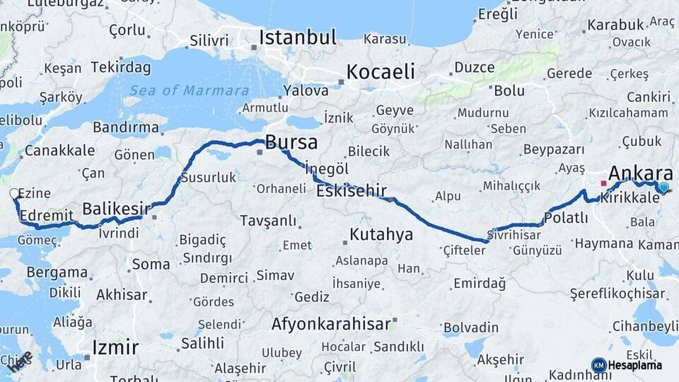 Kırıkkale Ezine Çanakkale Arası Kaç Km - Yol Haritası