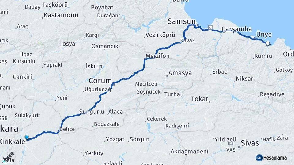 Kırıkkale Fatsa Ordu Arası Kaç Km - Yol Haritası