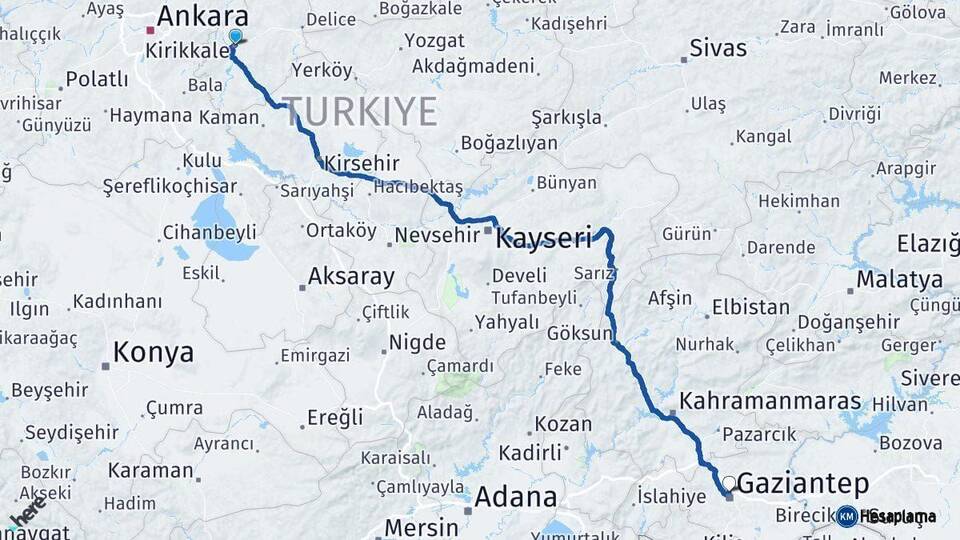 Kırıkkale Gaziantep Arası Kaç Km - Yol Haritası