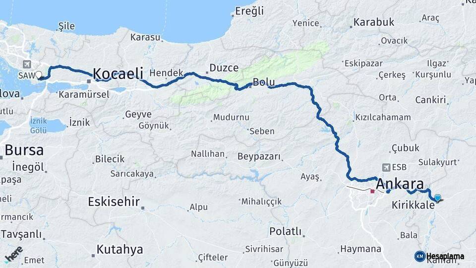 Kırıkkale Gebze Kocaeli Arası Kaç Km - Yol Haritası