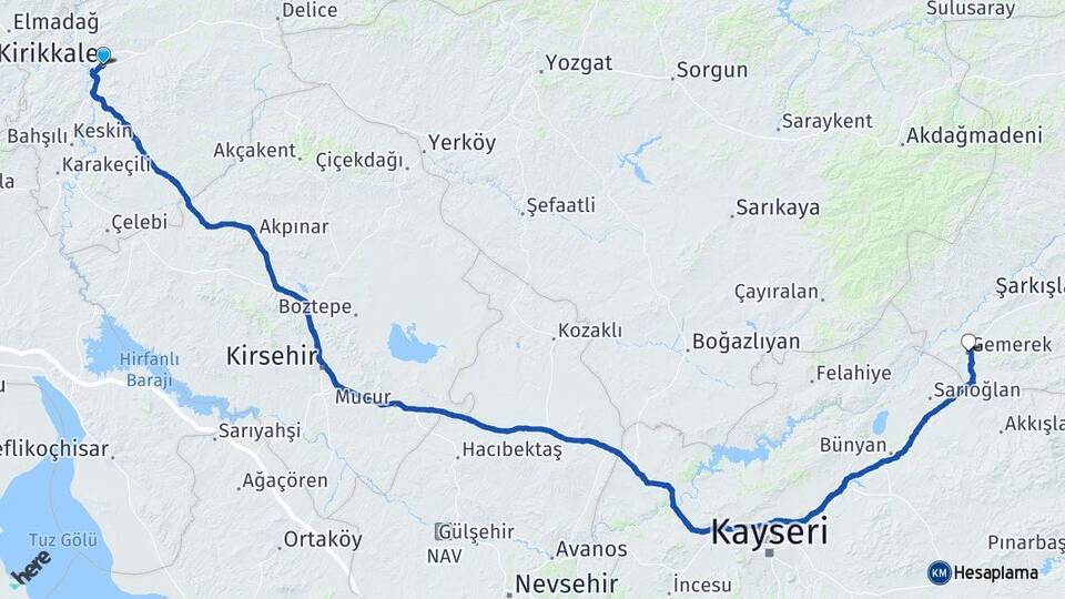 Kırıkkale Gemerek Sivas Arası Kaç Km - Yol Haritası