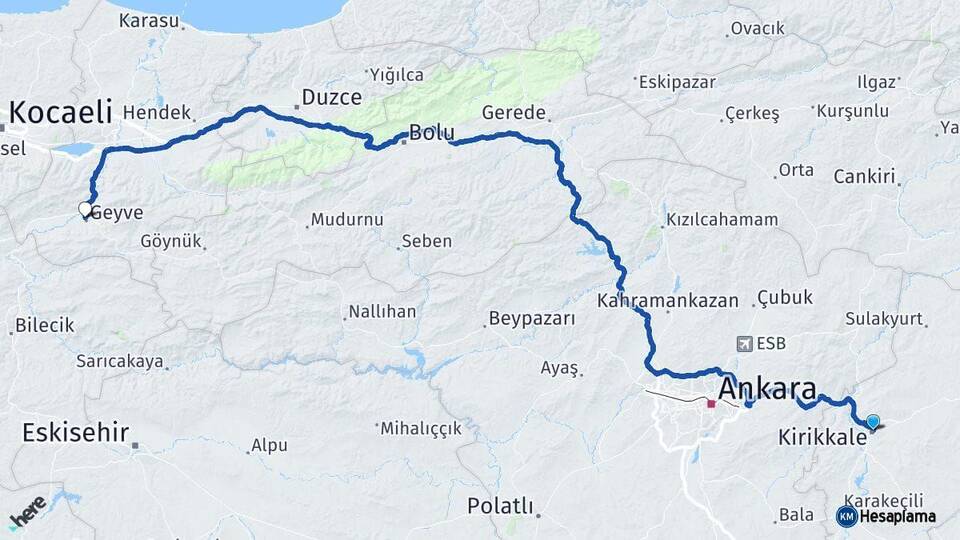 Kırıkkale Geyve Sakarya Arası Kaç Km - Yol Haritası