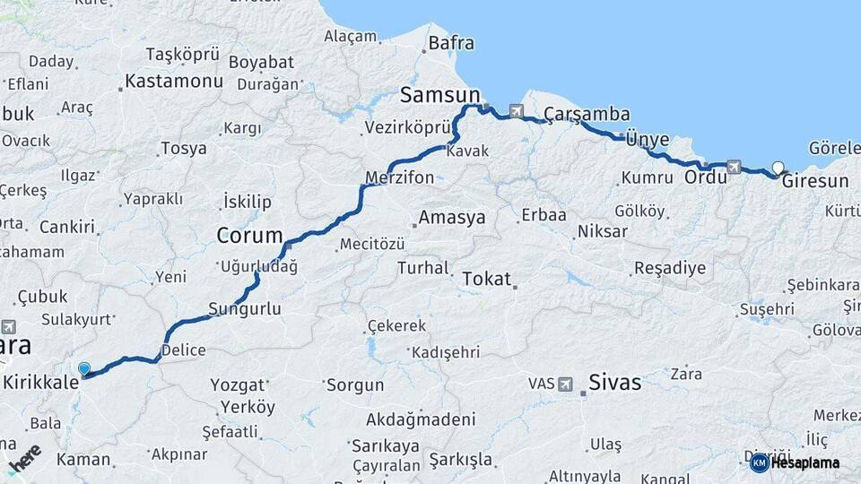 Kırıkkale Giresun Arası Kaç Km - Yol Haritası
