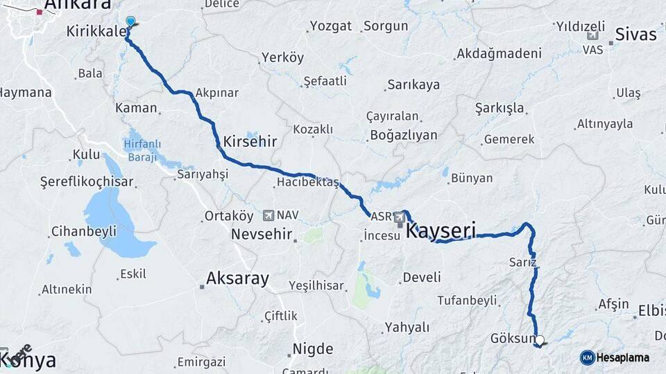 Kırıkkale Göksun Kahramanmaraş Arası Kaç Km - Yol Haritası