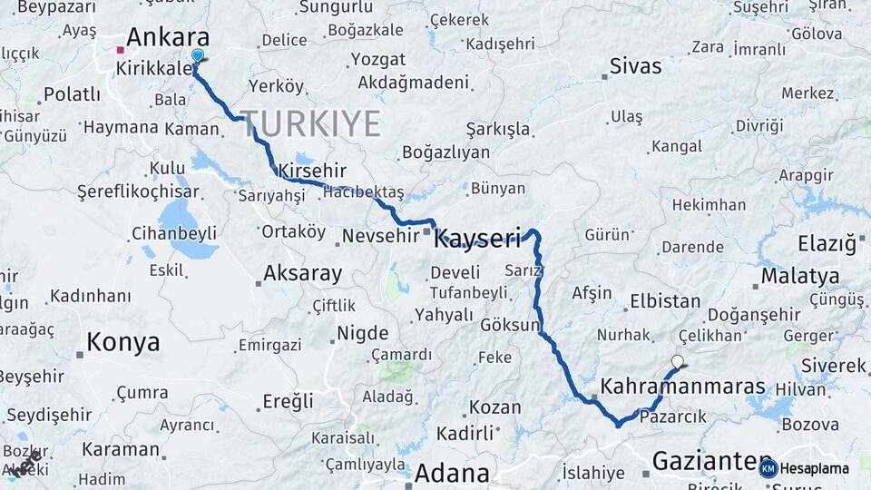 Kırıkkale Gölbaşı Adıyaman Arası Kaç Km - Yol Haritası