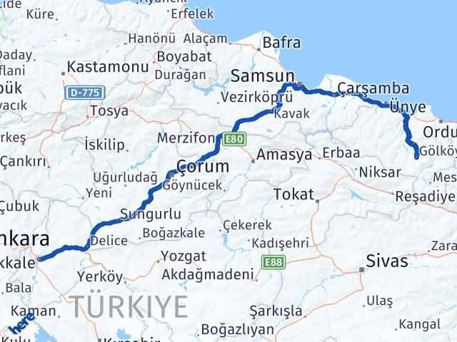 Kırıkkale Gölköy Ordu Arası Kaç Km - Yol Haritası