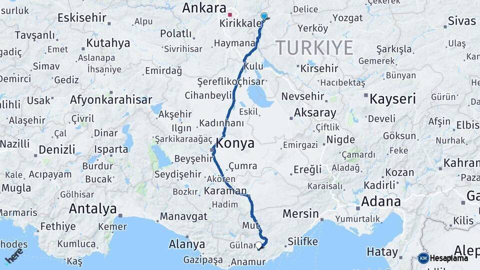 Kırıkkale Gülnar Mersin Arası Kaç Km - Yol Haritası