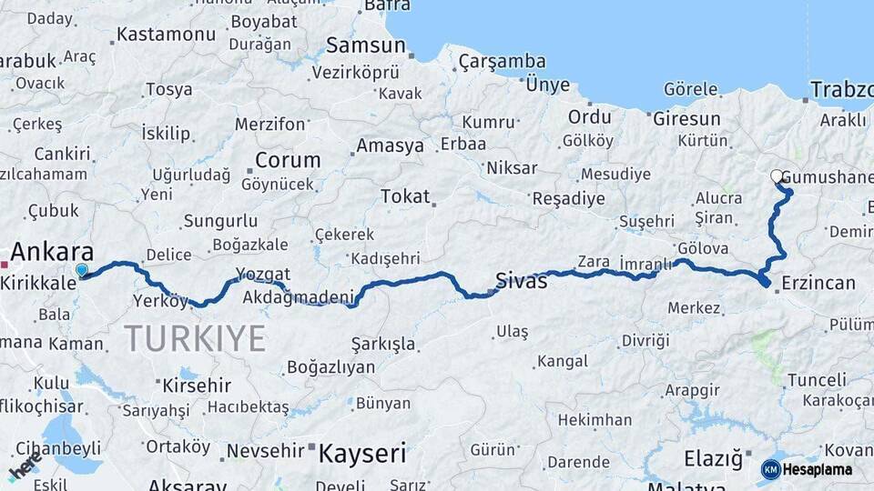 Kırıkkale Gümüşhane Arası Kaç Km - Yol Haritası