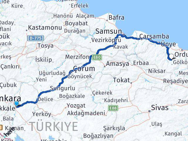 Kırıkkale Gürgentepe Ordu Arası Kaç Km - Yol Haritası