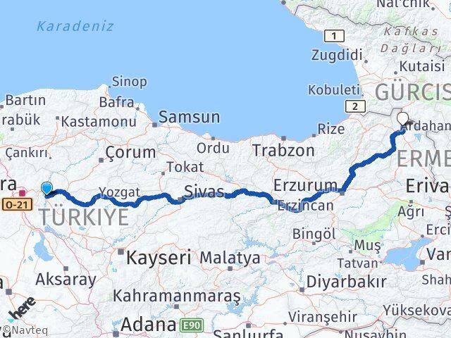 Kırıkkale Hanak Ardahan Arası Kaç Km - Yol Haritası
