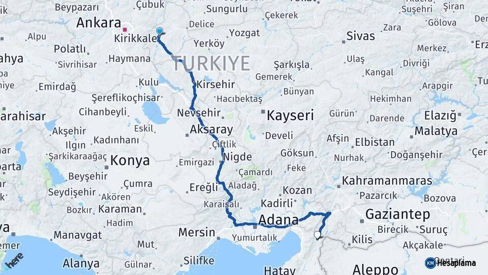 Kırıkkale Hassa Hatay Arası Kaç Km - Yol Haritası