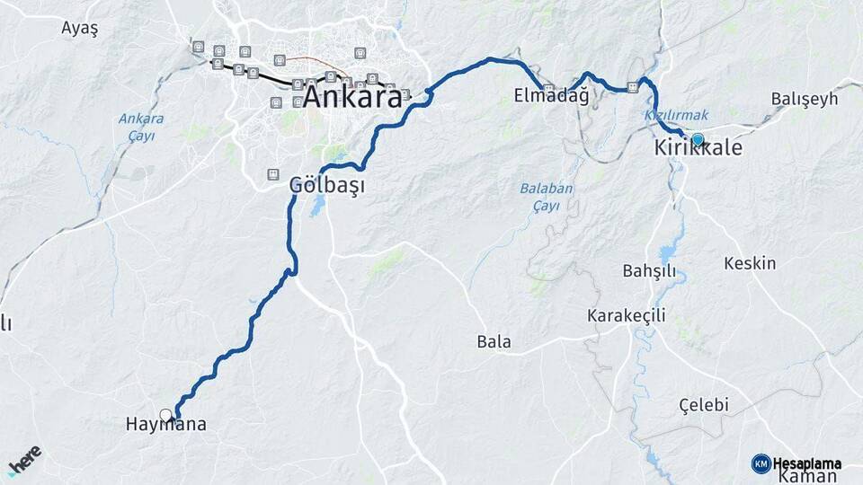 Kırıkkale Haymana Ankara Arası Kaç Km - Yol Haritası