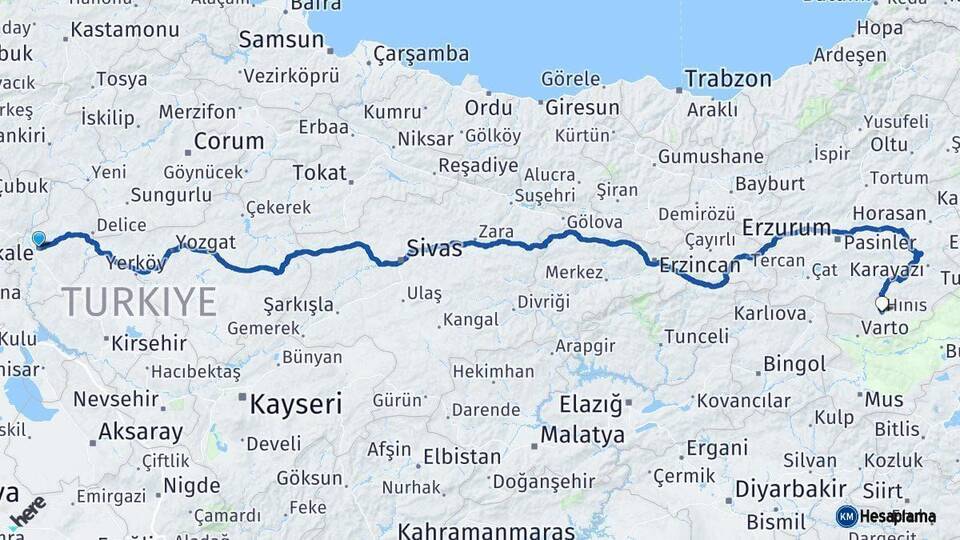 Kırıkkale Hınıs Erzurum Arası Kaç Km - Yol Haritası