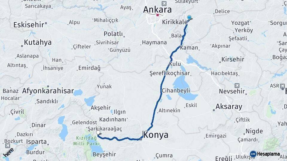 Kırıkkale Hüyük Konya Arası Kaç Km - Yol Haritası
