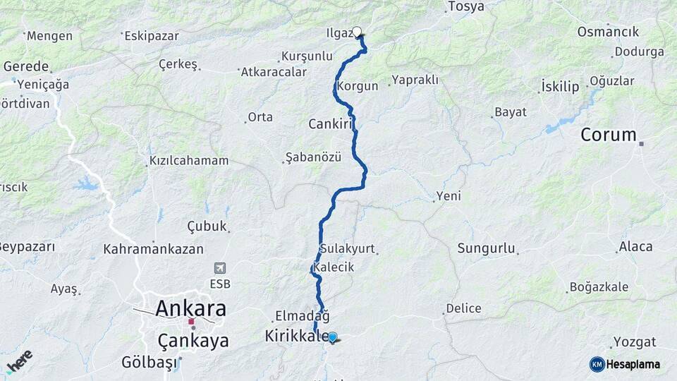 Kırıkkale Ilgaz Çankırı Arası Kaç Km - Yol Haritası