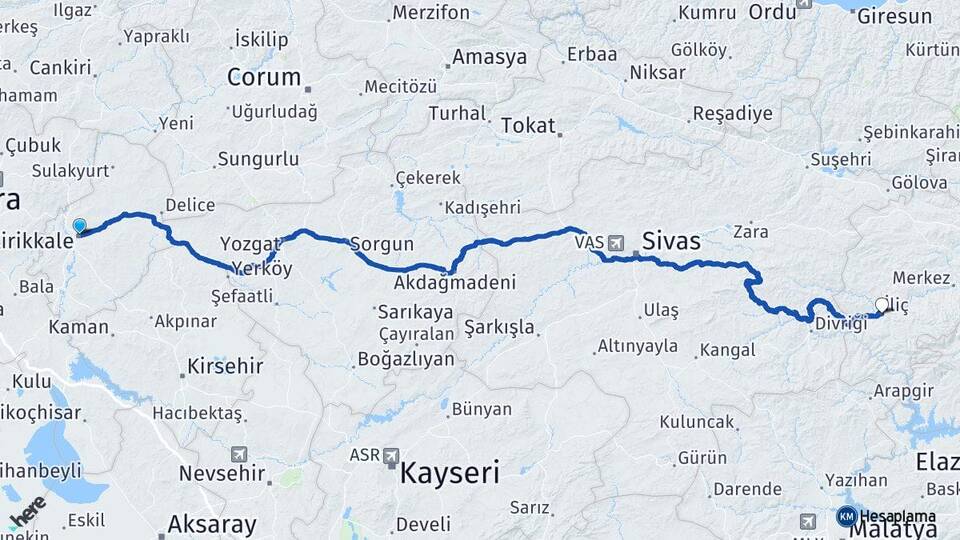 Kırıkkale İliç Erzincan Arası Kaç Km - Yol Haritası
