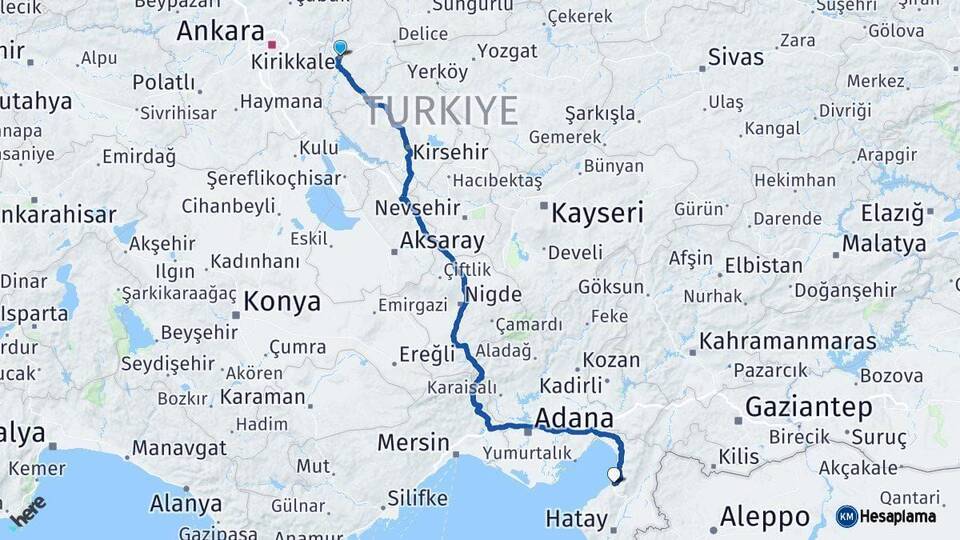 Kırıkkale İskenderun Hatay Arası Kaç Km - Yol Haritası