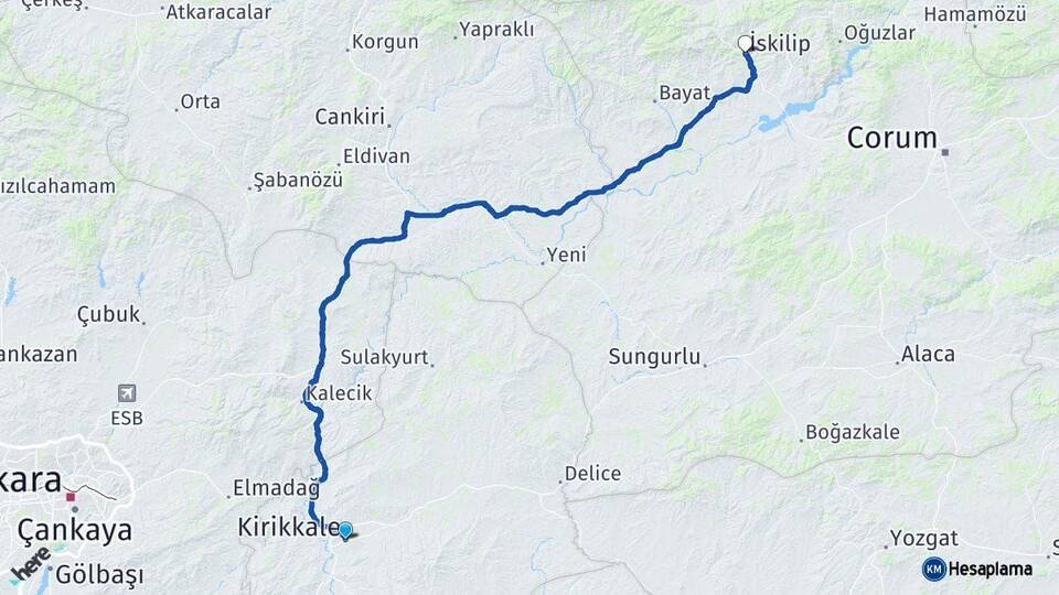 Kırıkkale İskilip Çorum Arası Kaç Km - Yol Haritası