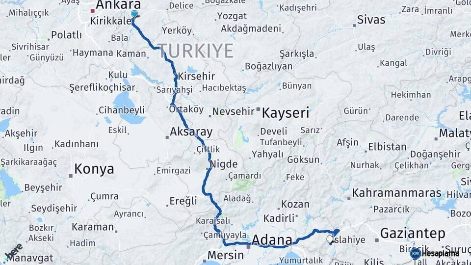 Kırıkkale İslahiye Gaziantep Arası Kaç Km - Yol Haritası