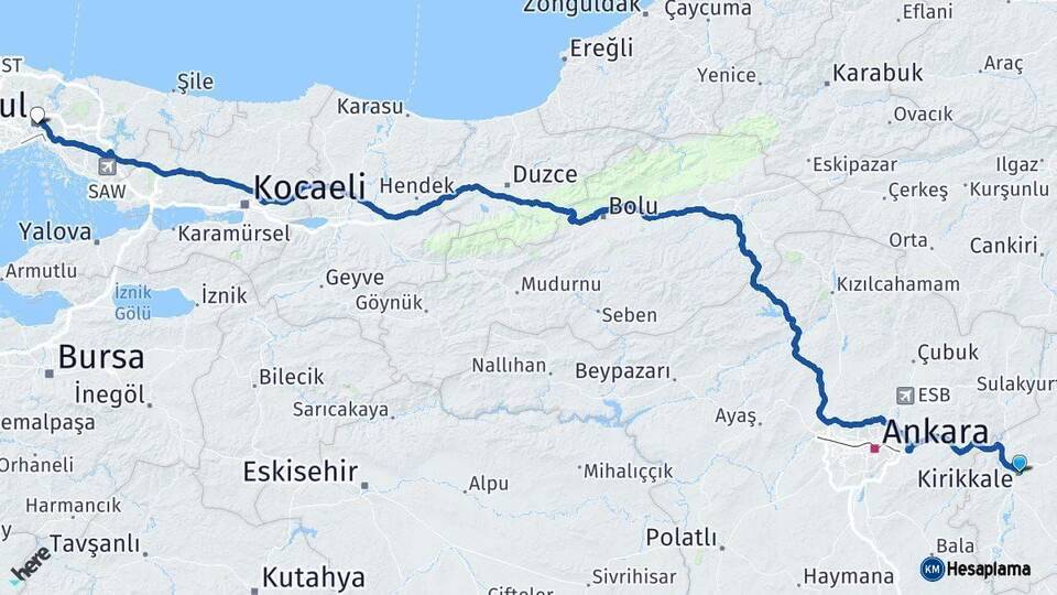 Kırıkkale İstanbul Arası Kaç Km - Yol Haritası