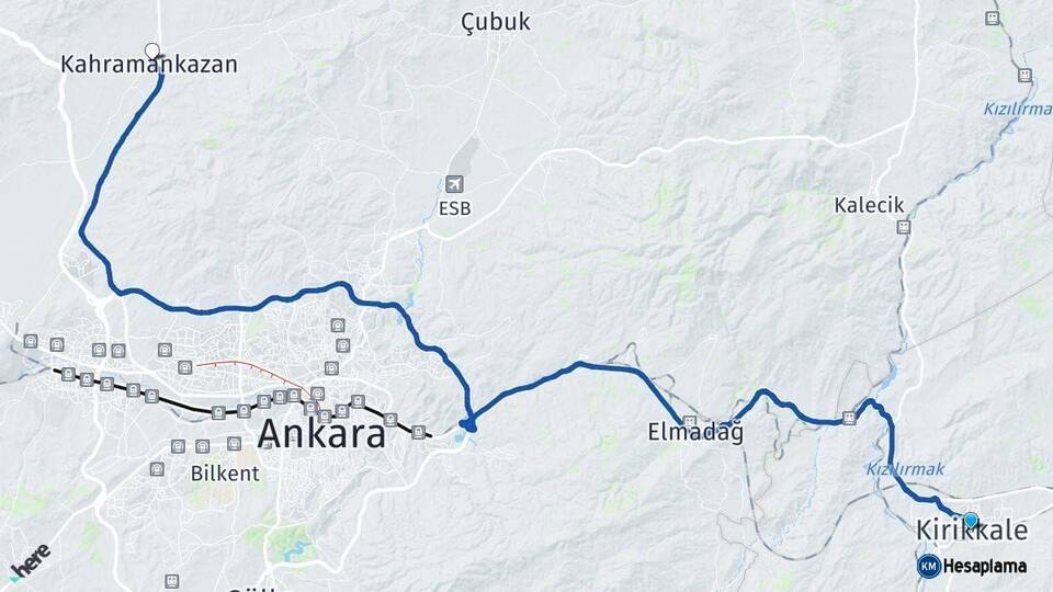 Kırıkkale Kahramankazan Ankara Arası Kaç Km - Yol Haritası