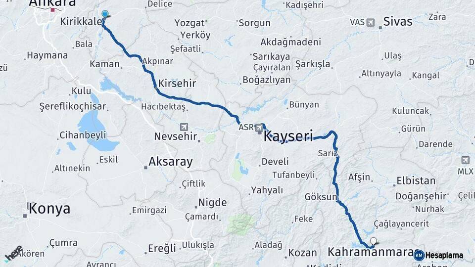 Kırıkkale Kahramanmaraş Arası Kaç Km - Yol Haritası