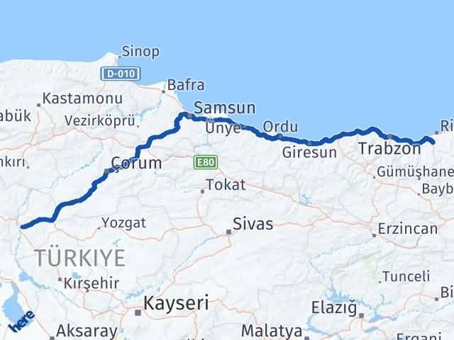 Kırıkkale Kalkandere Rize Arası Kaç Km - Yol Haritası