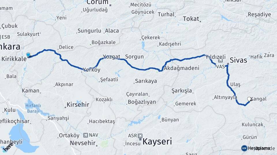 Kırıkkale Kangal Sivas Arası Kaç Km - Yol Haritası
