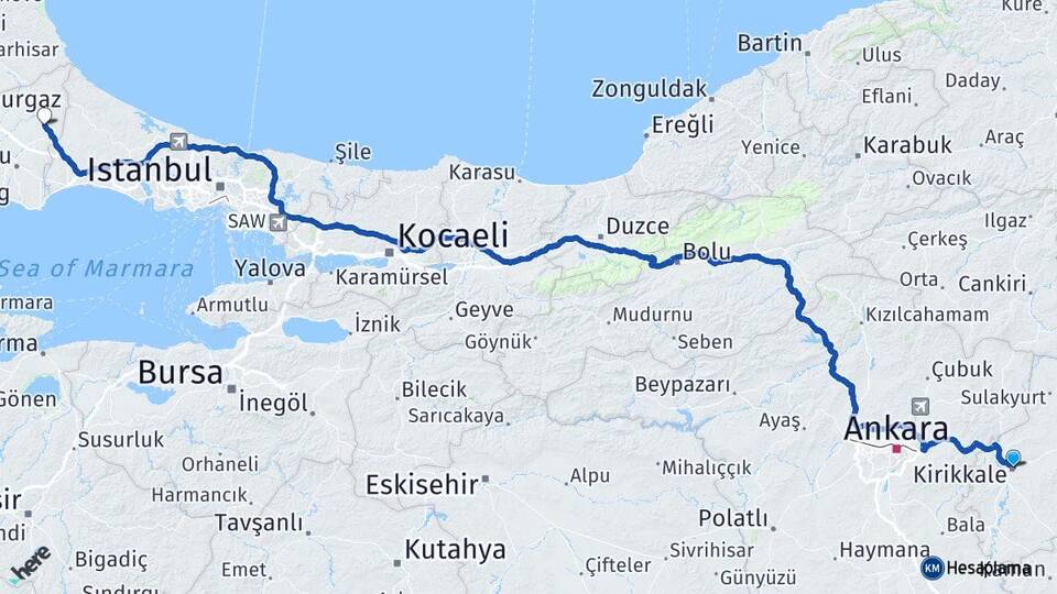 Kırıkkale Kapaklı Tekirdağ Arası Kaç Km - Yol Haritası
