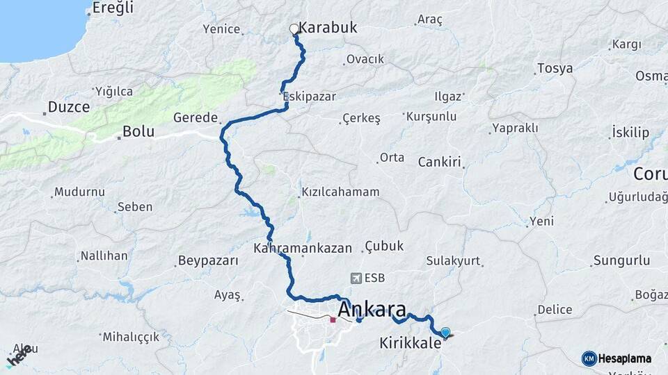 Kırıkkale Karabük Arası Kaç Km - Yol Haritası