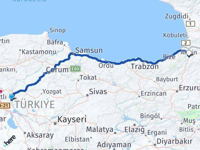 Kırıkkale Karakeçili Artvin Arası Kaç Km - Yol Haritası