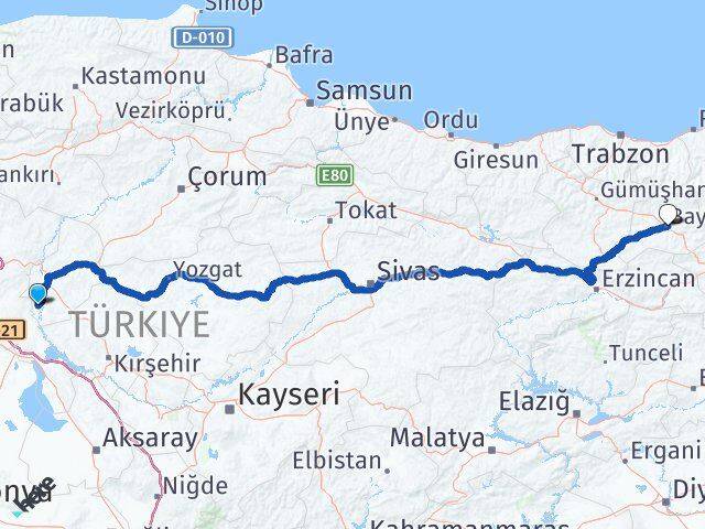 Kırıkkale Karakeçili Bayburt Arası Kaç Km - Yol Haritası