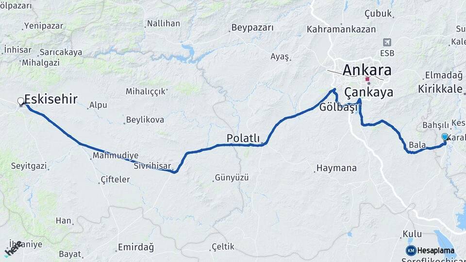 Kırıkkale Karakeçili Eskişehir Arası Kaç Km - Yol Haritası