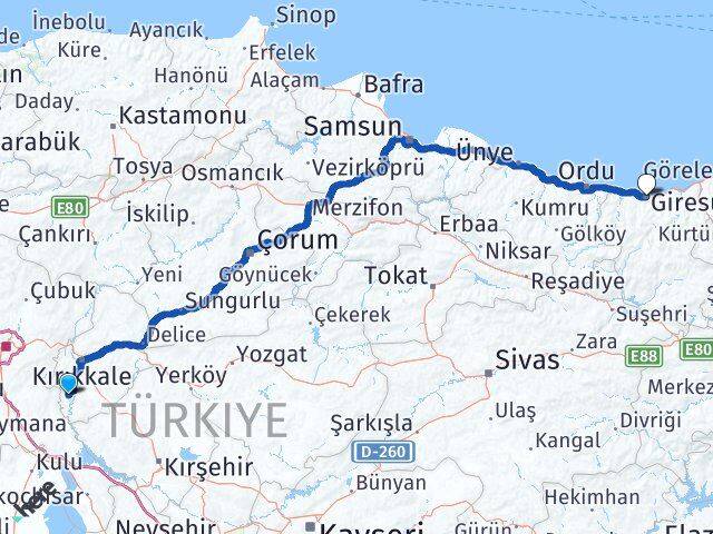 Kırıkkale Karakeçili Giresun Arası Kaç Km - Yol Haritası