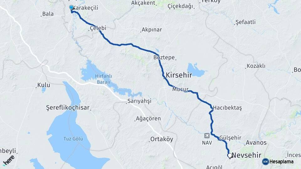 Kırıkkale Karakeçili Nevşehir Arası Kaç Km - Yol Haritası