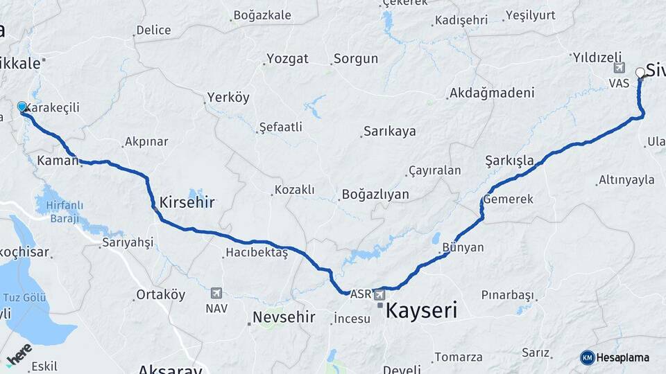Kırıkkale Karakeçili Sivas Arası Kaç Km - Yol Haritası