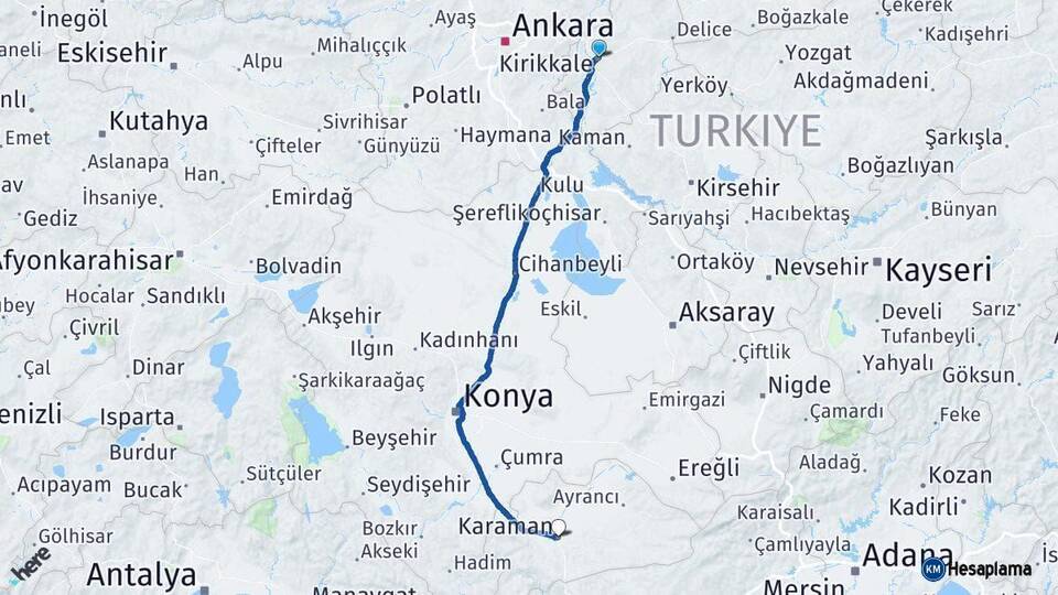 Kırıkkale Karaman Arası Kaç Km - Yol Haritası