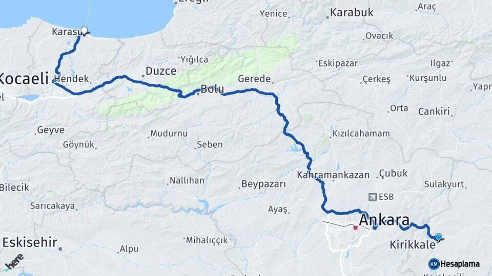 Kırıkkale Karasu Sakarya Arası Kaç Km - Yol Haritası
