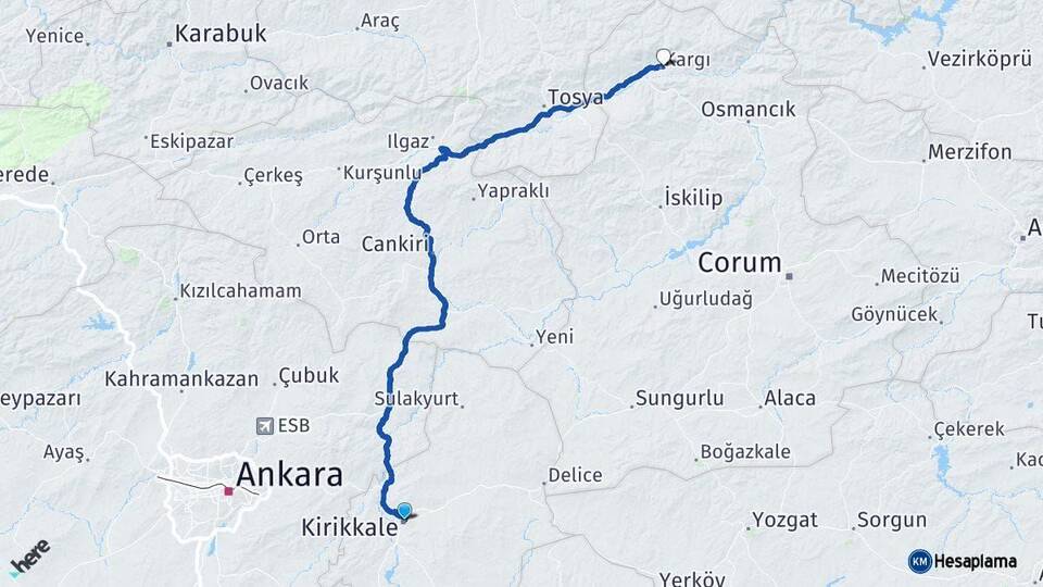 Kırıkkale Kargı Çorum Arası Kaç Km - Yol Haritası