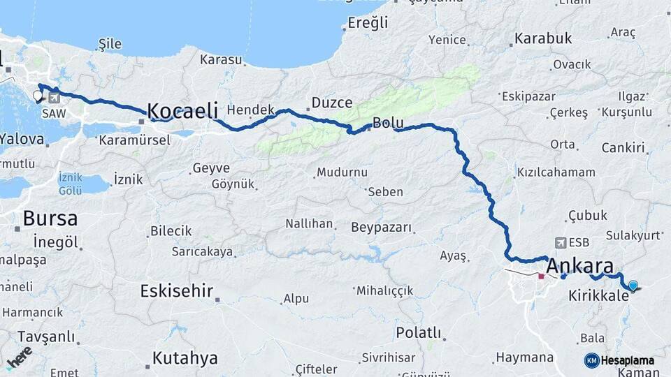 Kırıkkale Kartal İstanbul Arası Kaç Km - Yol Haritası