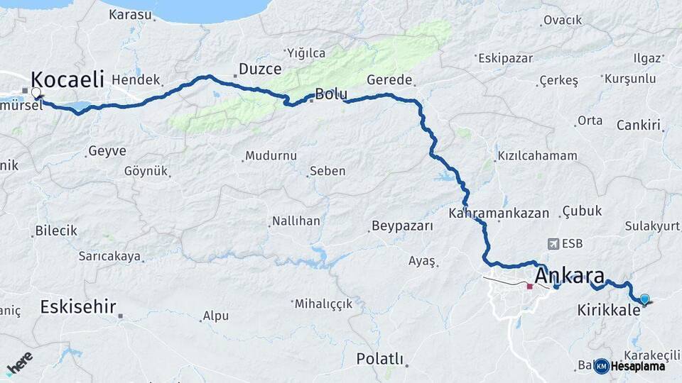 Kırıkkale Kartepe Kocaeli Arası Kaç Km - Yol Haritası