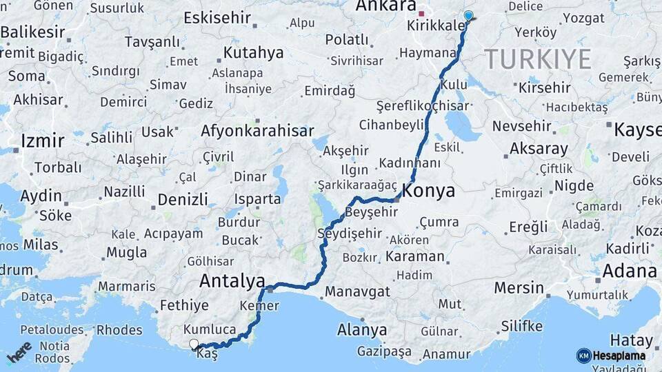 Kırıkkale Kaş Antalya Arası Kaç Km - Yol Haritası